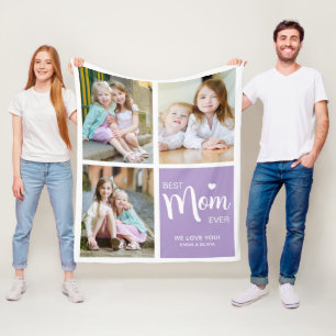 Best Mum Ever Photo Collage Purple Fleece Blanket