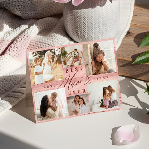 Best Mum Ever Photo Family Collage Pink Woodgrain Card