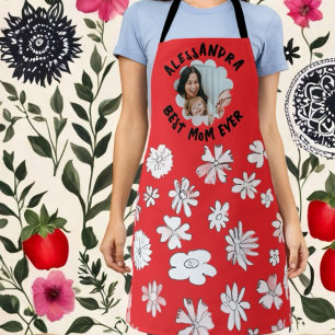 Best mum ever photo monogram floral red white  apron