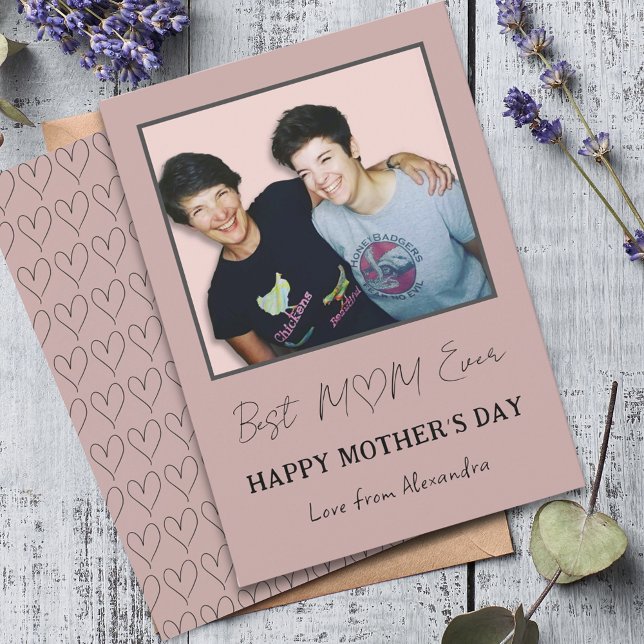 Best Mum Ever Photo Simple Hearts Holiday Card (Best mom ever photo Mother’s Day card with heart line art pattern)