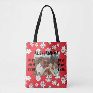 Best mum ever photo typography floral red white tote bag