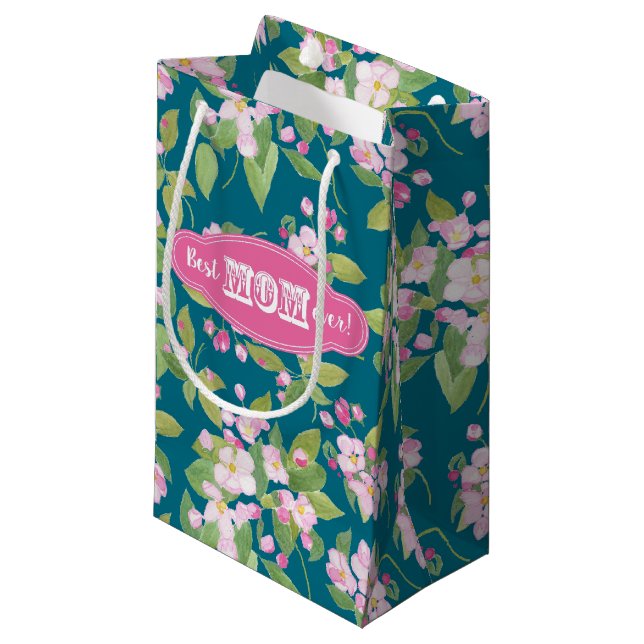 Best Mum Ever Pink Apple Blossom on Navy Small Gift Bag (Front Angled)