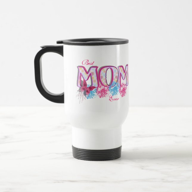 Best Mum Ever Pink Blue Flowers and Butterfly Travel Mug (Left)