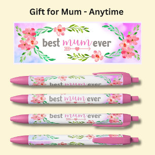 Best Mum Ever Pink Flowers Black Ink Pen