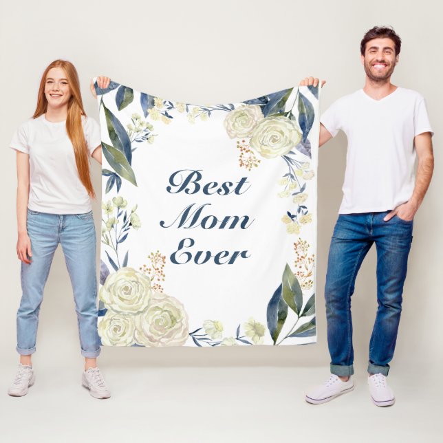 Best Mum Ever | Pretty Blue Floral Mothers Day Fleece Blanket (In Situ)