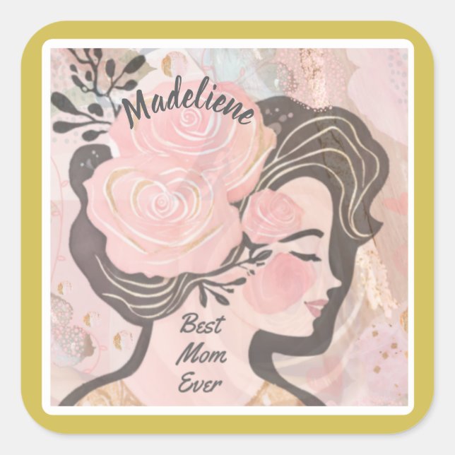 Best Mum Ever Pretty Flowers Gold Frame Name  Square Sticker (Front)
