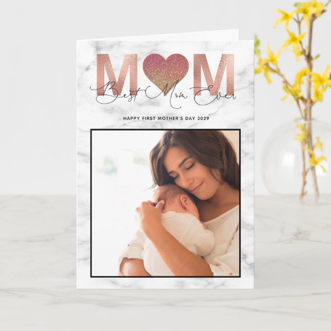 Best Mum Ever Quote Mother's Day 2 Photo Rose Gold Card (Yellow Flower)