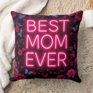 Best Mum Ever Quote Pink Flowers Neon Colours Cushion