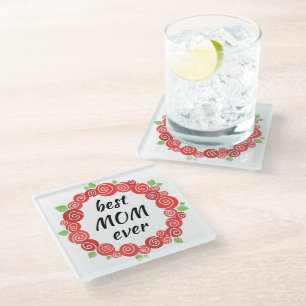 Best mum ever red roses wreath spring cute glass coaster