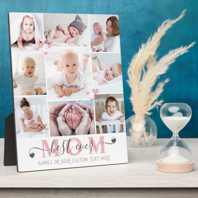 Best Mum Ever Script 9 Photo Collage Hearts Custom Plaque (Side)
