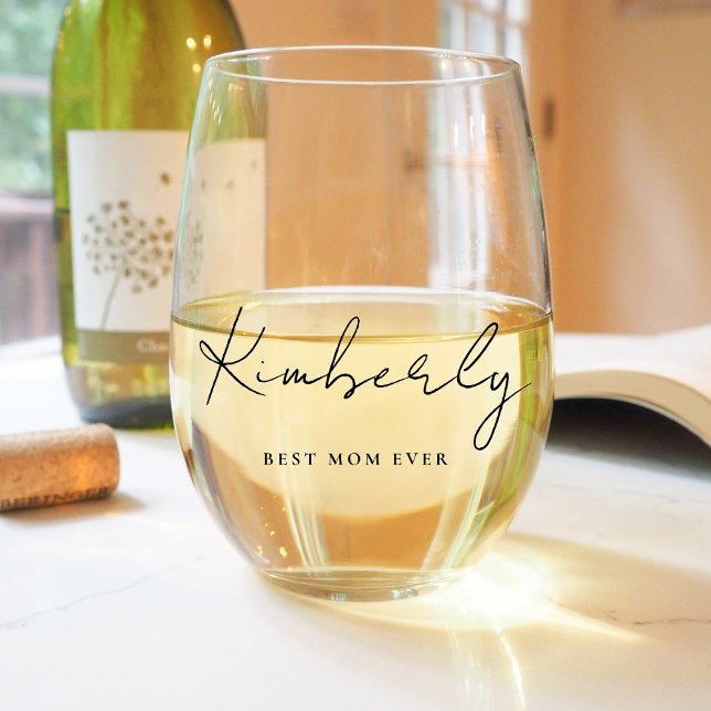 Best Mum Ever Script Monogram Stemless Wine Glass (Creator Uploaded)