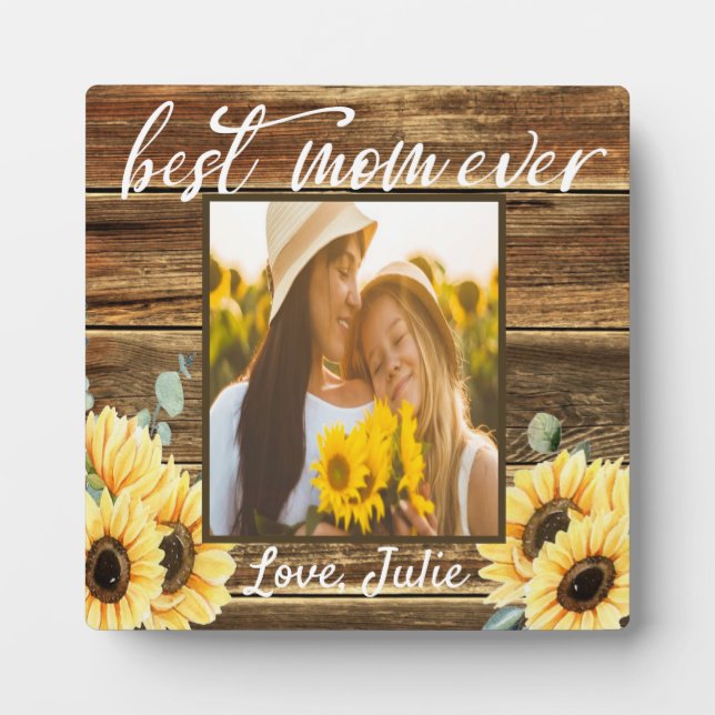 Best Mum Ever Sunflower and Barn Wood Photo Plaque (Front)