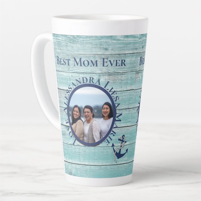 Best Mum Ever Teal Wood Nautical Navy Anchor  Latte Mug (Left Angle)
