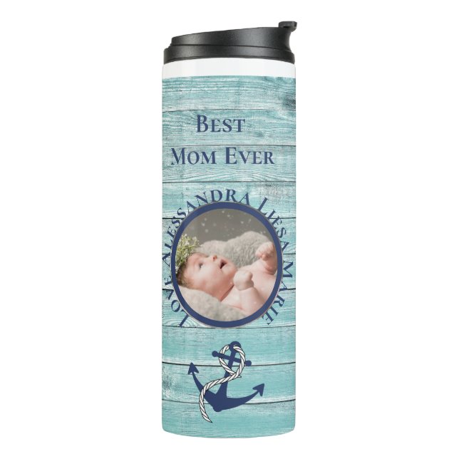 Best Mum Ever Teal Wood Nautical Navy Anchor Thermal Tumbler (Rotated Left)