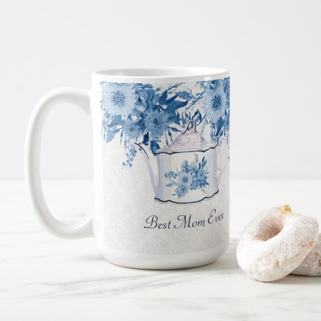Best Mum Ever Teapot Navy Blue n White Flowers Coffee Mug (With Donut)