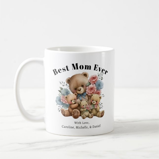 Best Mum Ever Teddy Bear Floral Family Coffee Mug (Left)