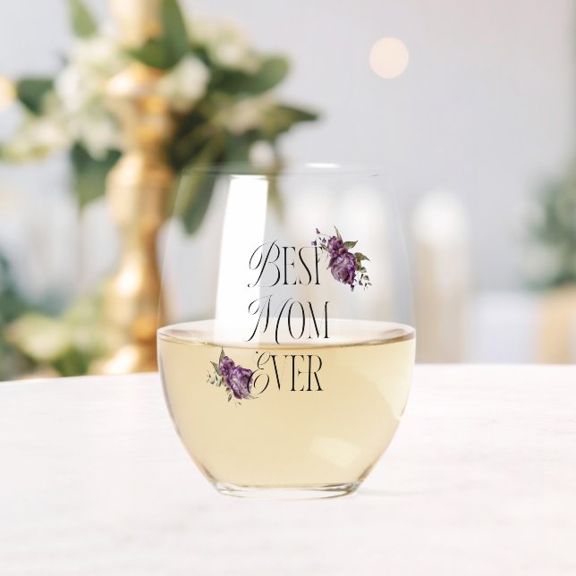 Best Mum Ever Typography Purple Floral Stemless Wine Glass (Insitu (Wedding))