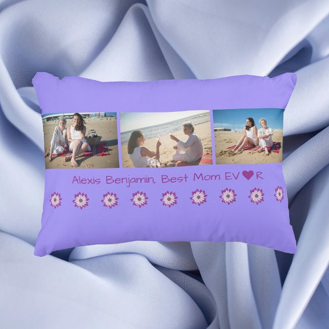 Best Mum Ever, w/ Heart. Name + 3 Photos Collage Decorative Cushion (Best Mom Ever. Personalized Name. 3 photos. Flowers. Cute, modern Mother's Day / bday gift for Mom)