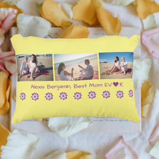 Best Mum Ever, w/ Heart. Name + 3 Photos Collage Decorative Cushion (Best Mom Ever. Heart. Personalized name. Collage of 3 photos. Modern, cute Mother's Day gift for Mom)