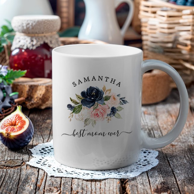 Best Mum Ever Watercolor Floral Coffee Mug (Personalized mug for the best mom ever featuring a blush pink and navy watercolor floral.)
