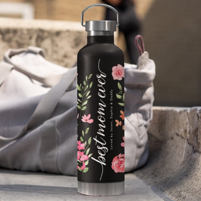 Best Mum Ever Watercolor florals personalised Water Bottle (Elegant, modern, trendy "Best Mom Ever" watercolor floral personalized water bottle.)