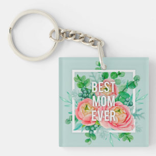 Best Mum Ever Watercolor Peony Floral Green & Pink Key Ring