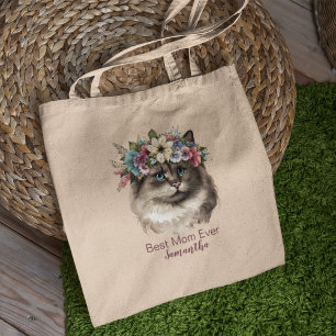 Best Mum Ever Whimsical Floral Watercolor Cat Tote Bag