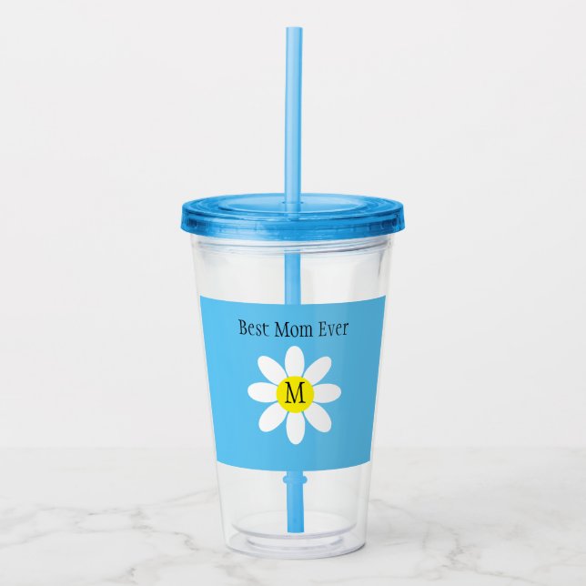 Best Mum Ever White Daisy Sky Blue Single Initial  Acrylic Tumbler (Front)