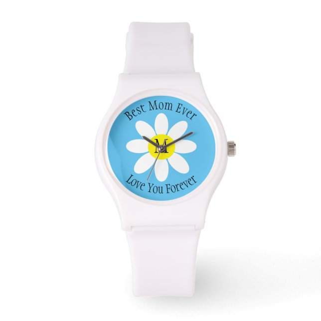 Best Mum Ever White Daisy Sky Blue Single Initial Watch (Front)