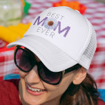 Best Mum Ever With Daisy Image Print (Purple V2) Trucker Hat<br><div class="desc">Best Mum Ever With Daisy Image Print Trucker Hat (purple version 2). The cute design shows "MOM" with a stylised image of a daisy positioned as the "O". Graphic leaves are overlaid on the two "M"s. The "Love Always" copy can be changed to your desired preference. Makes the perfect gift...</div>