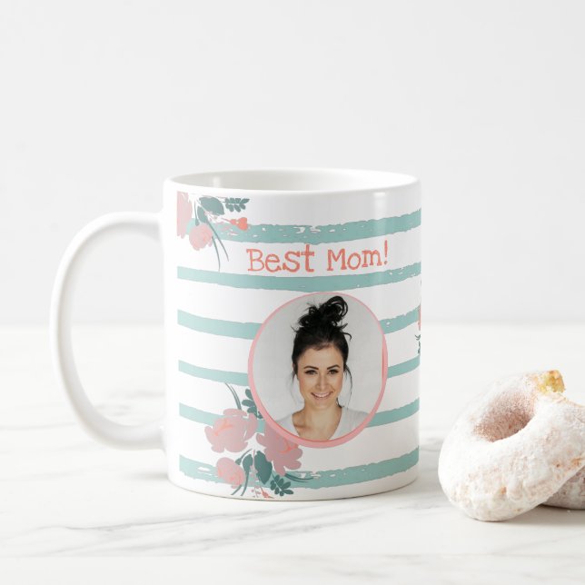 Best Mum Floral Striped Pink Turquoise Photo Coffee Mug (With Donut)
