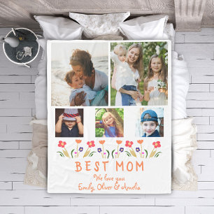 Best Mum Flowers 5 Photo Collage Keepsake Fleece Blanket