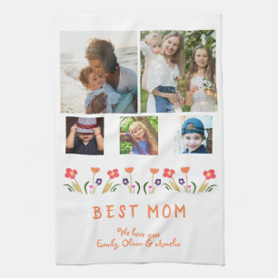 Best Mum Flowers 5 Photo Collage Keepsake Tea Towel