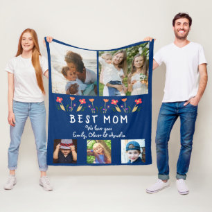 Best Mum Flowers 5 Photo Collage Navy Blue Fleece Blanket