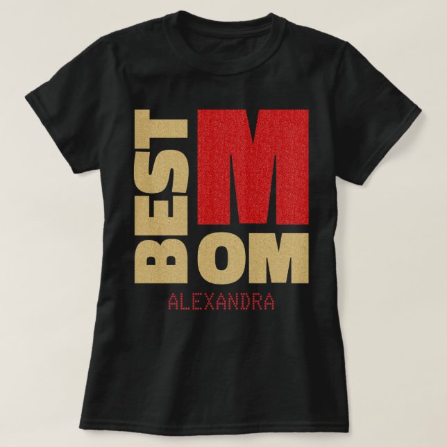 Best Mum Gold Red Glitter Name Customised T-Shirt (Design Front)