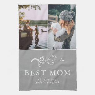Best Mum Modern Foliage 2 Custom Photos Mother Tea Towel