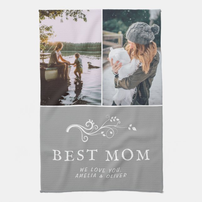 Best Mum Modern Foliage 2 Custom Photos Mother Tea Towel (Vertical)