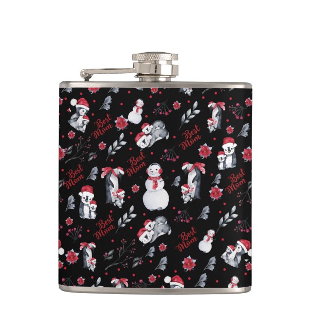 Best Mum Penguin Christmas pattern Hip Flask (Front)