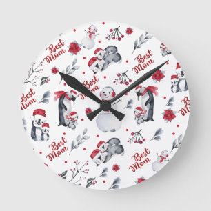 Best Mum Penguin Christmas pattern Round Clock