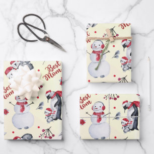Best Mum Penguin Christmas pattern Wrapping Paper Sheet