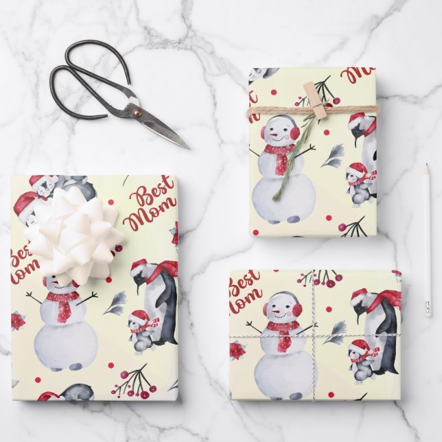 Best Mum Penguin Christmas pattern Wrapping Paper Sheet (Front)