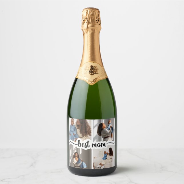 Best Mum Personalised 4 Photo Collage Sparkling Wine Label (Front)