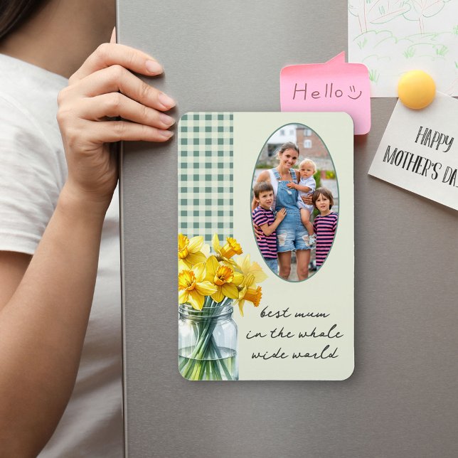 Best Mum Photo Green Gingham and Daffodils in Jar Magnet (Fridge Magnet for the best Mum with photo, daffodils and editable wording - perfect for Mother's Day)
