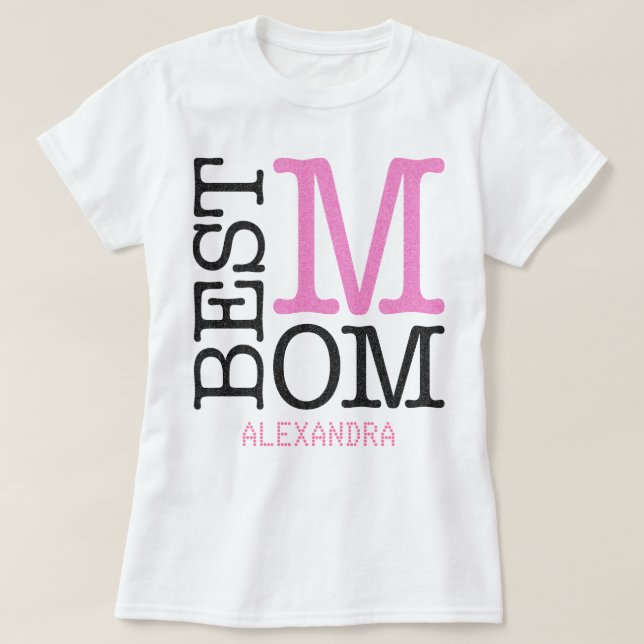 Best Mum Pink Black Glitter Name Personalised T-Shirt (Design Front)