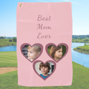Best Mum Pink Hearts 3 Kids Custom Photo Collage  Golf Towel