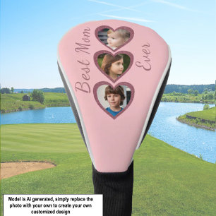 Best Mum Pink Hearts 3 Kids Photo Collage Golf Head Cover