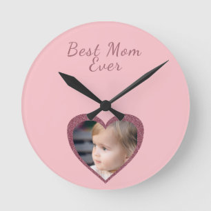 Best Mum Pink Hearts Custom Kids Photo Round Clock