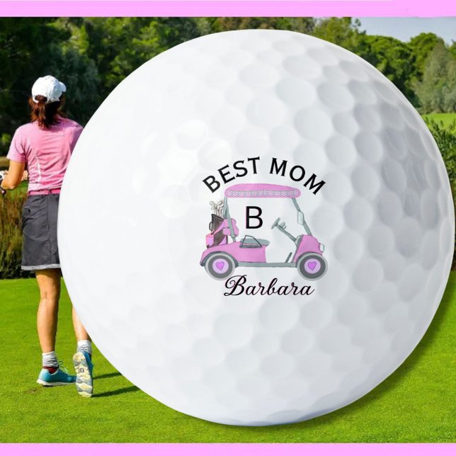 Best Mum Pink Watercolor Cart Monogram Name  Golf Balls (Creator Uploaded)