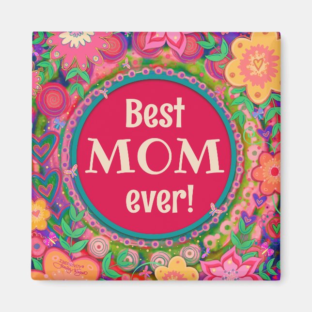 Best Mum Pretty Pink Whimsical Floral Fun Magnet (Front)