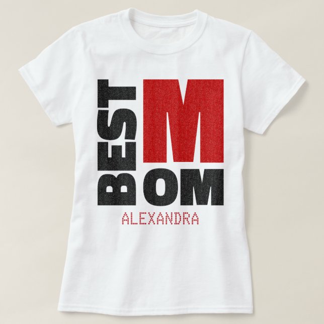 Best Mum Red Black Glitter Name Customised T-Shirt (Design Front)